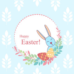 Easter card. Flowers, plants, eggs, rabbit. Happy Easter. Vector illustration.