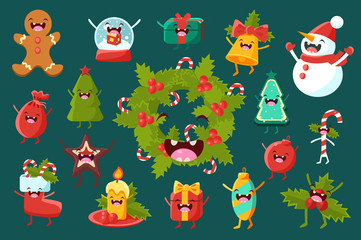 Fototapeta premium Christmas symbols comic characters sett, Happy New Year holiday decoration elements with funny faces vector Illustrations