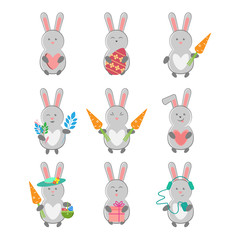 Vector set of hare with different subjects - heart, Easter egg, carrot, flowers, basket, gift, headphones. Cartoon illustration.