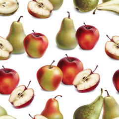 Seamless pattern with watercolor illustrations of apples and pears
