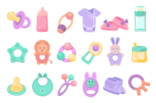 Toys and accessories for baby sett, newborn infant care, feeding and clothing vector Illustrations on a white background