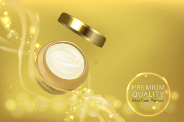 Gold cosmetic container with advertising background ready to use, luxury skin care ad. vector 3d illustration.	