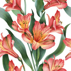 Watercolor illustrations of lily flowers. Seamless pattern