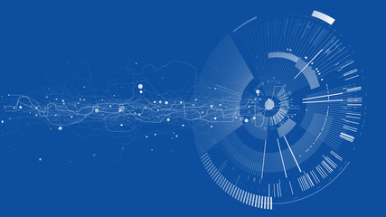 Abstract tech design background. Engineering technology wallpaper made with lines, dots, circles. Futuristic technology interface on blue background. Digital technology concept, vector illustration.