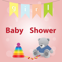 Baby Shower Invitation card design with toy bear,stacking rings and the border of flags.Pink white gentle tones,background and glow bokeh.Colorful flags green,blue