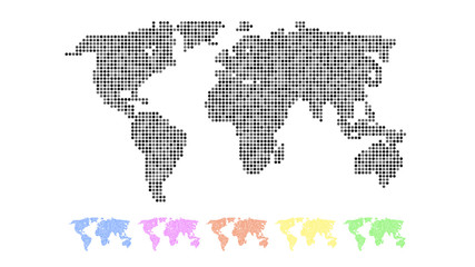 Set of colored world maps isolated on white background. Abstract dotted templates with dots for web design, brochure, flyer, annual report, banner, infographic. Global concept, vector illustration.