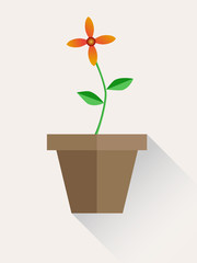 Single flower orange color on brown pot with shadow.
