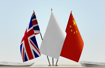 Flags of United Kingdom and China with a white flag in the middle