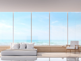 Modern white bedroom with sea view 3d rendering image.There are white tile floor and wooden shelf.Furnished with white furniture.There are large window overlooks to sea view.