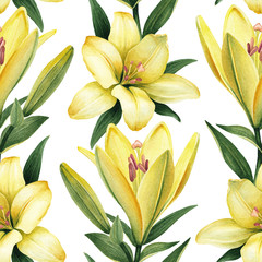 Watercolor illustrations of lily flowers. Seamless pattern