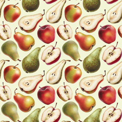 Seamless pattern with watercolor illustrations of apples and pears