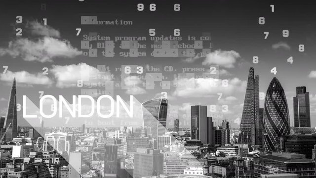 amazing london city skyline timelapse with data and computer programming information mapped over the skyline and the word london