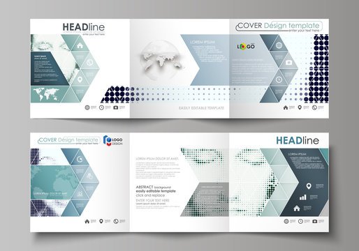 Business templates for tri fold square design brochures. Leaflet cover, vector layout. Halftone dotted background, retro style grungy pattern, vintage texture. Halftone effect with black dots on white