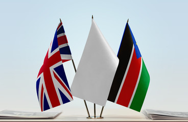 Flags of United Kingdom and South Sudan with a white flag in the middle