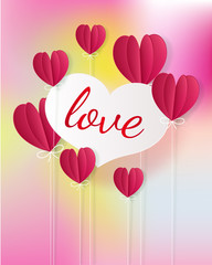 Concept of happy valentine day, Hot air balloons heart shape float on sky, Paper cut style