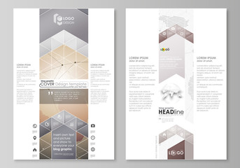 The abstract minimalistic vector illustration of the editable layout of two modern blog graphic pages mockup design templates. Global network connections, technology background with world map.