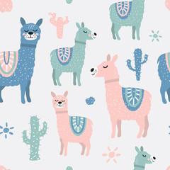 Childish seamless pattern with cute llama and cactus. Creative texture for fabric © ihorzigor