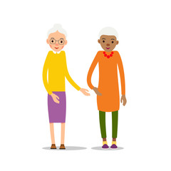 Old woman. Two senior - European and African American elder women stand, cartoon illustration isolated on white background in flat style. Full length portrait of old ladies, senior or grandmother