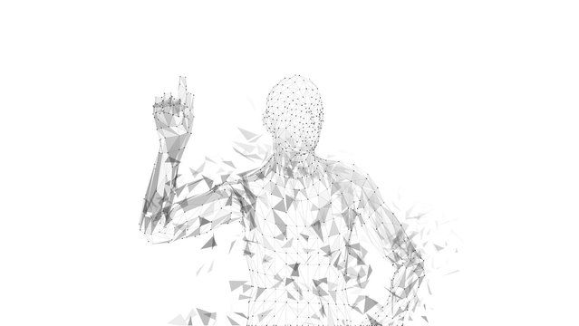 Conceptual abstract man pointing finger up. Connected lines, dots, triangles, particles on white background. Artificial intelligence concept. High technology vector digital background.