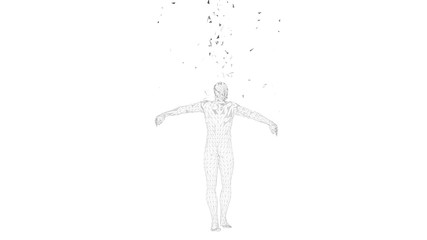 Conceptual abstract man. Connected lines, dots, triangles, particles on white background. Artificial intelligence concept. High technology vector digital background.