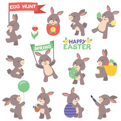 Fototapeta premium Cute Cheerful Easter Bunny Spring Design Elements Set Vector Flat Illustration Isolated on White