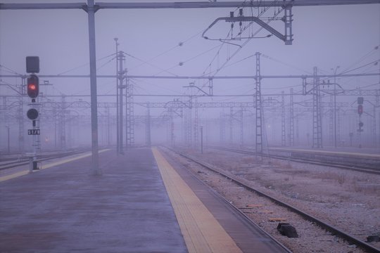 estaci&oacute;n v&iacute;as and&eacute;n niebla