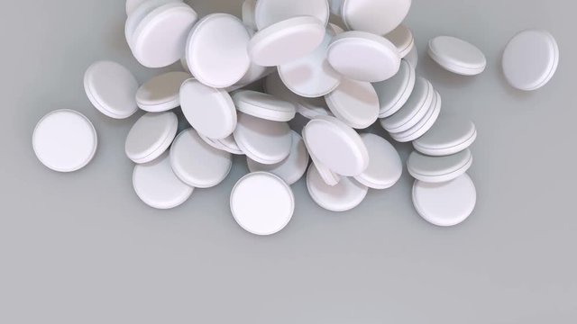 Large amount of white round pills falling on flat surface.
Animation of large amount of tablets with mask for tablets included.