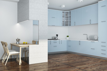 White kitchen corner, blue and white furniture