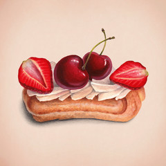 Watercolor illustration of eclair with berries