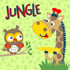 Nice giraffe cartoon and owl on leaves background