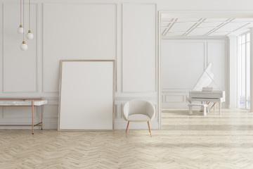 White living room with piano and poster