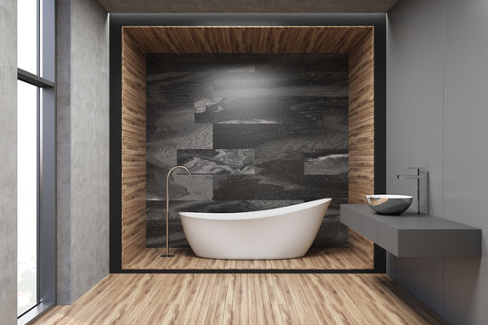 Gray, wooden and marble bathroom