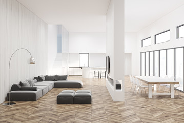 White living room with a wooden floor