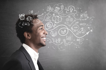 Cheerful African American businessman, side, plan