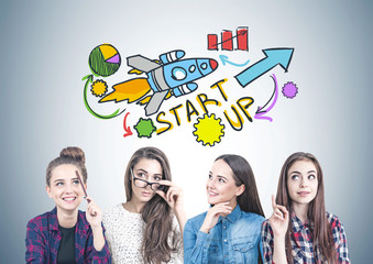 Four teen girls thinking together, start up