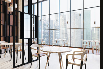 Loft restaurant interior, round tables