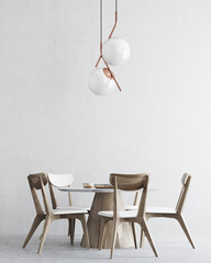 White and wooden minimalistic dining room interior