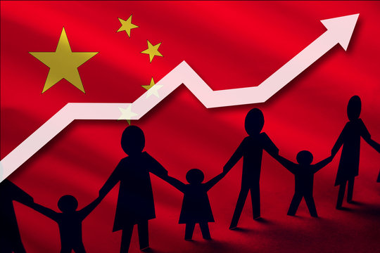 China Flag On A Background Of A Growing Arrow Up And People With Children Holding Hands. Demographic Growth Of The Country, Tourists, Refugees, Immigrants