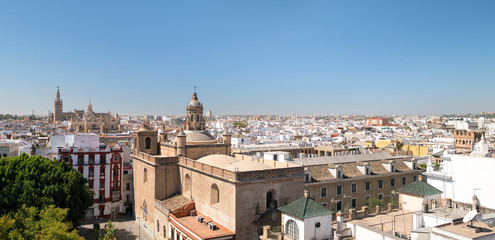 Fototapeta na wymiar Panoramic cityscape of the historical centre of Seville from the top of the Space Metropol Parasol, Andalusia, Spain.