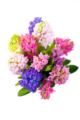 Fototapeta premium Lilac, blue, pink, raspberry hyacinths in a small, low bouquet. A holiday, a gift for a woman. Smart. View from above. Isolated