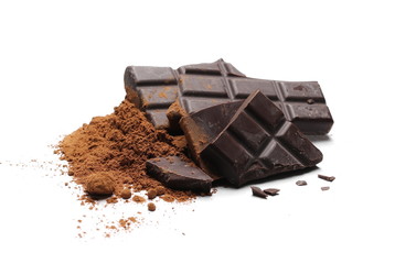 Chocolate bars with cocoa powder isolated on white background