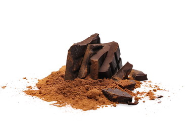 Chocolate bars with cocoa powder isolated on white background