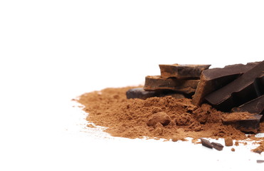 Chocolate bars with cocoa powder isolated on white background