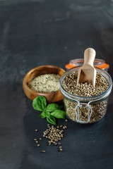 hemp seeds on the black background