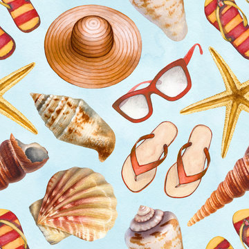 Summer holiday pattern. Straw hat, flip flops, shells and sun glasses illustrations