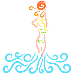 Elegant woman emerging from sea waves and touching the sun