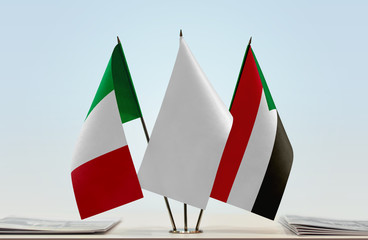 Flags of Italy and Sudan with a white flag in the middle