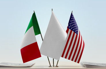 Flags of Italy and USA with a white flag in the middle