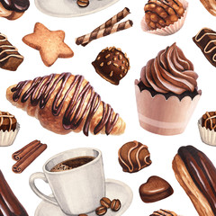 Watercolor illustration of coffee and desserts. Seamless pattern