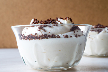 Mole Pudding with Chocolate Biscuit, Banana and Whipped Cream.